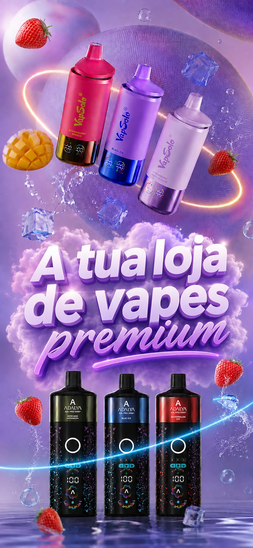 Vapes Adalya Edition 20K e Vapsolo com fumo colorido e fruta fresca