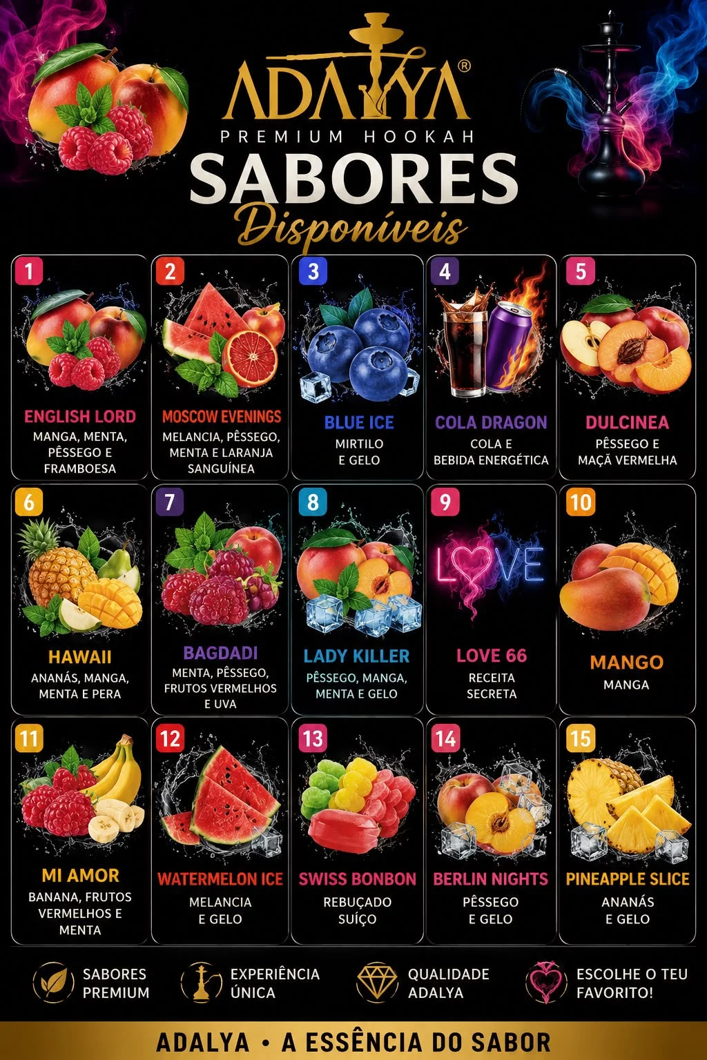 Tabela com os 15 sabores Adalya disponíveis